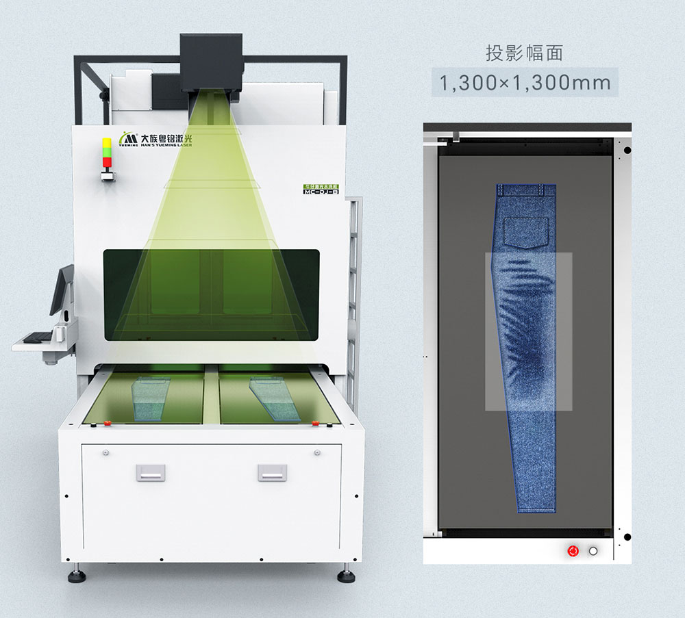 牛仔激光水洗,牛仔激光打标,牛仔面料激光水洗机,投影上料定位